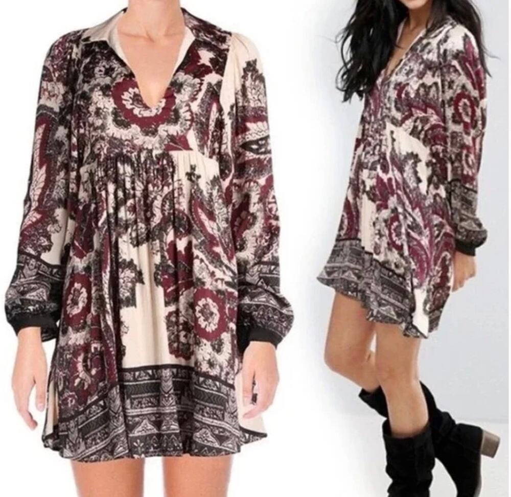 Free People Womens M Burgundy Boho Say You Love Me Long Sleeve Tunic Mini Dress